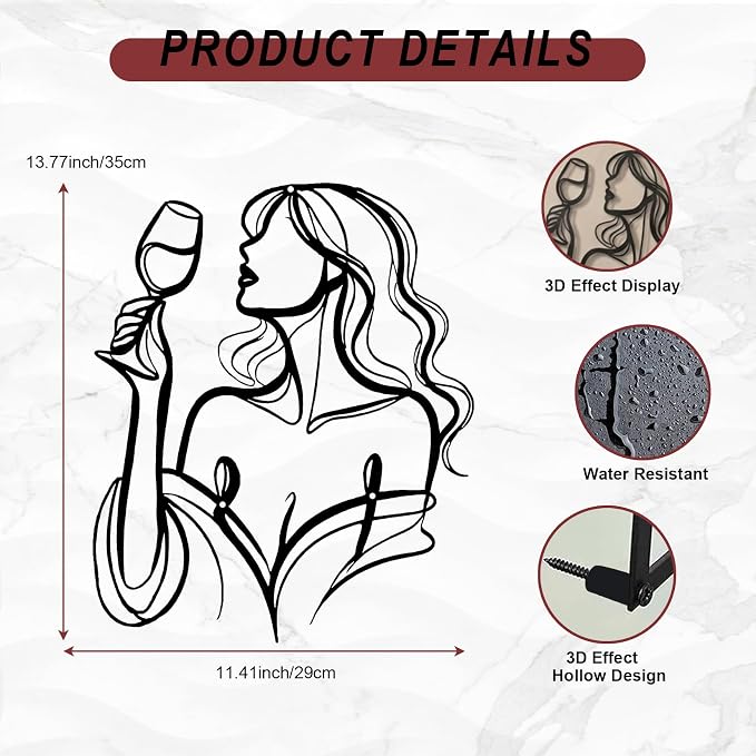 LIYAOLI Black Metal Wall Art Decor, 3D Woman Drinking Wine Sculpture for Bar, Kitchen