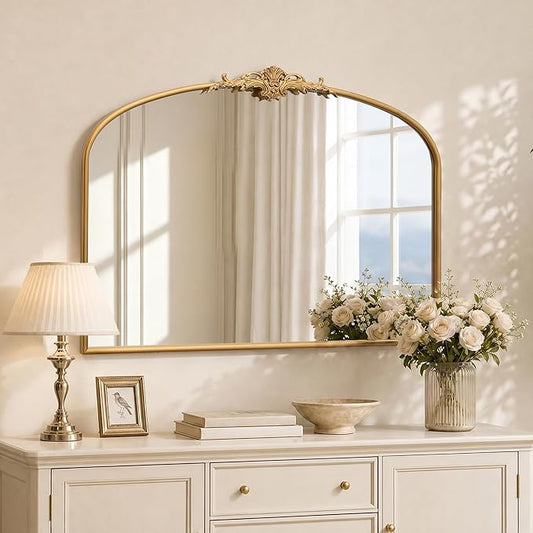 Besdomus Vintage Arched Gold Mirror: 40"x29" Large Arch Antique Decorative | French Baroque Metal Framed Mirrors - Traditional Ornate for Entryway/Bedroom/Fireplace/Bathroom - Ideal for Home Renovations