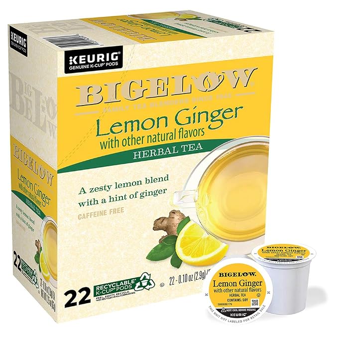 Bigelow Lemon Ginger Tea Single Serve Keurig Herbal Tea K-Cups Pods, 22 Count Box (Pack of 4) Caffeine Free Herbal Tea, 88 K-Cups Pods Total