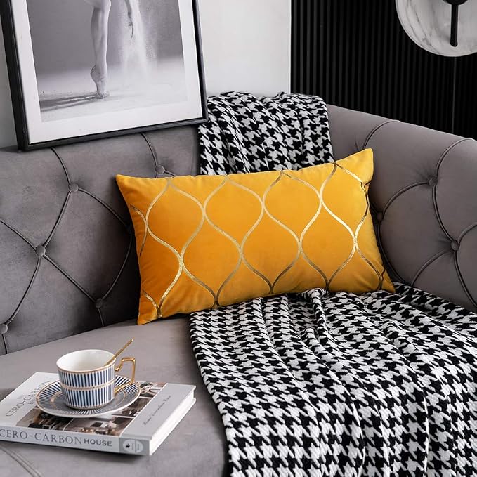 12x20 Inch Gold Velvet Throw Pillow Covers: 2 Pack Rectangular Decorative Pillow Cases for Bedroom Sofa Couch Living Room, Yellow