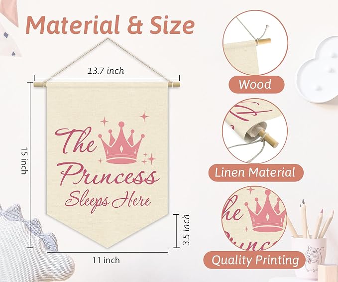 Princess Room Decor for Girls Bedroom Door Sign, Pink Cute Linen Pennant Banner for Baby Girl Nursery Wall Hanging, Princess Playroom ToddlerRoom Decorations 15x11 Inch