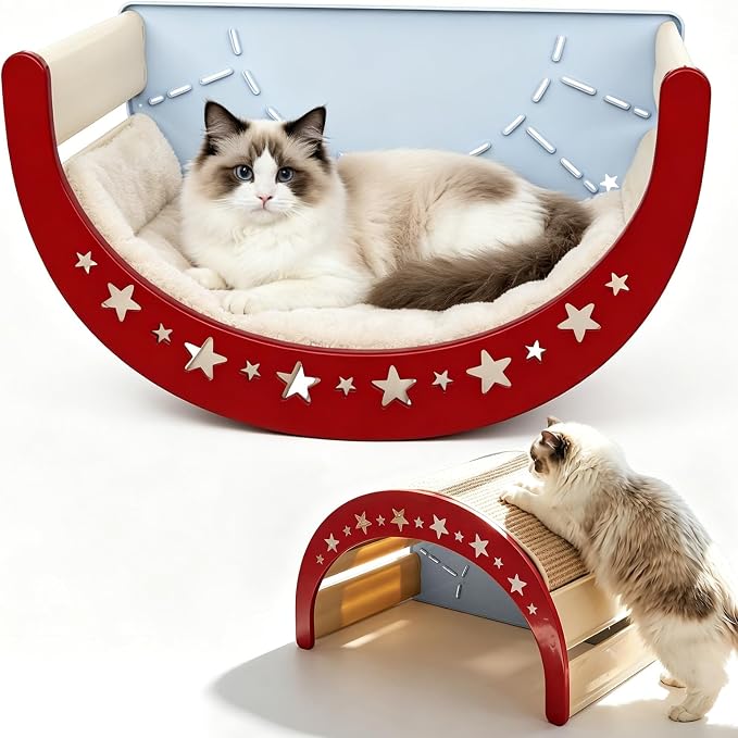 Cat Rocking Bed with Washable Removable Cushion and Sisal Scratching Pads Cat Scratcher Multifunctional Cat Furniture, Blue