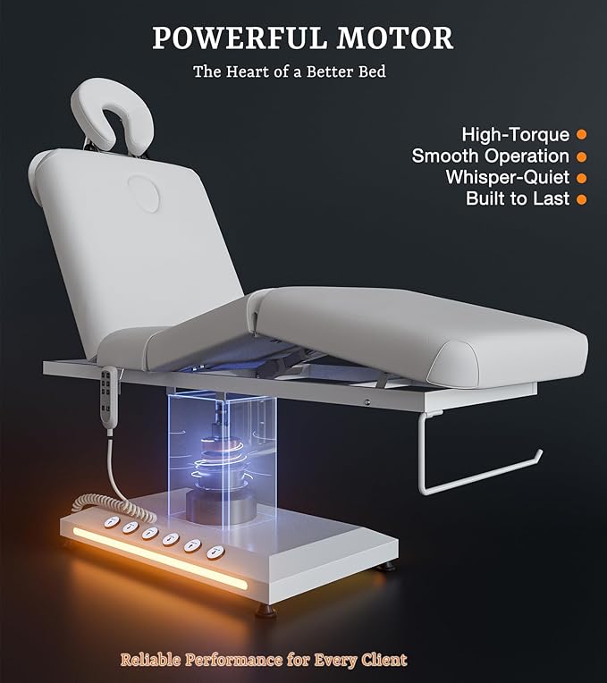 Icoget Professional Full Electric Spa Massage Treatment Table, Medical Bed with Independent Leg Adjustment, Facial Bed with Face Cradle for Beauty, White