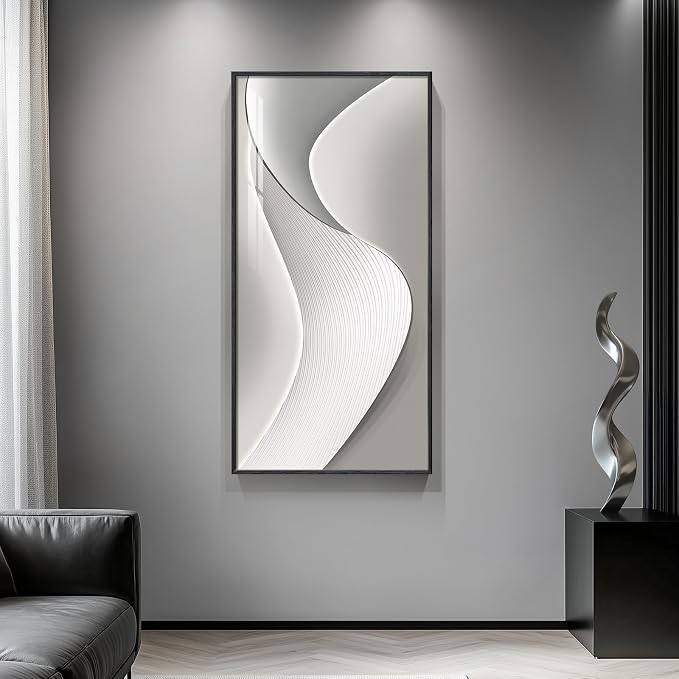 Large Framed Modern Abstract Vertical Wall Art for Living Room, Bright Style Luxury Art Prints Paintings Artwork for Walls, Silver Gray Minimalist Pictures for Hallway Entryway Foyer Stair Office Wall Decor 30x60 In