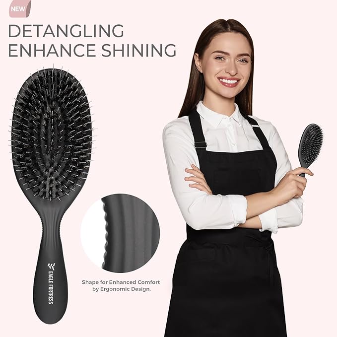 Eagle Fortress Boar Bristle Hair Brush for Women, Detangler Brush for Wet, Dry & Damaged Hair with Long Pins for Thick & Long Hair - Black