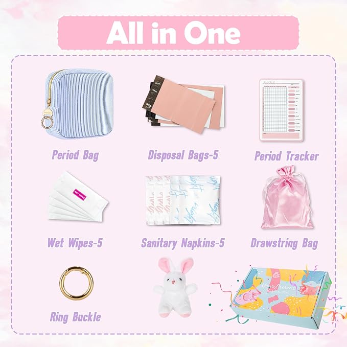First Period Kit for Girls, Corduroy Cute Sanitary Napkin Storage Bag, Menstrual Pad Bag Tampon Holder for Purse, First Period Gifts (Blue)