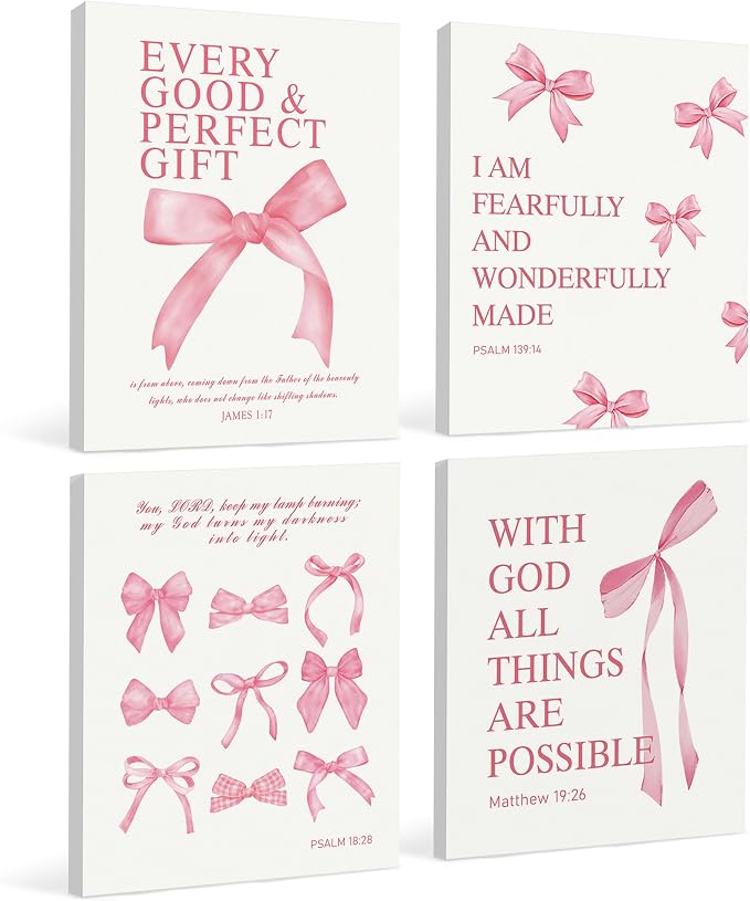LARTSFRO Coquette Pink Bow Canvas Wall Art Decor Prints Posters, Pink Bow Room Bedroom Bathroom Dorm Wall Art Decor Aesthetic for College Teen Girls Gifts, Inspirational Bible Verses Bow Wall Decor, 11x14 Inch Set of 4 Pcs Bow Pictures (Canvas Framed 1...