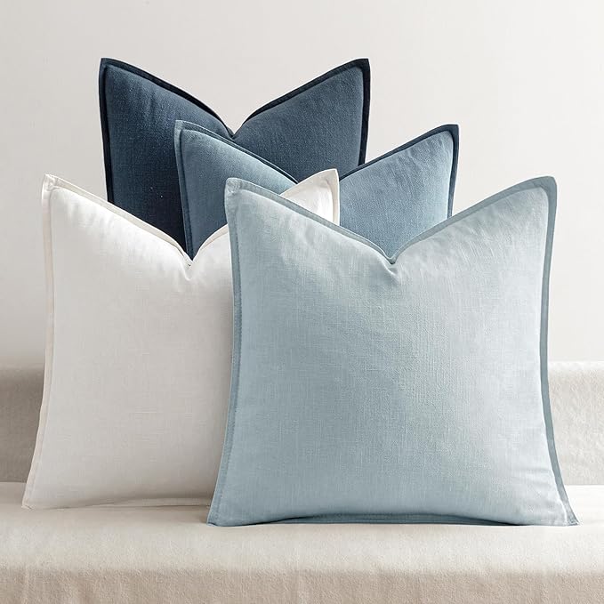 MIULEE Blue Boho Linen Decorative Pillow Covers 18x18 Inch Pack of 4 | Natural Throw Pillow Covers, Soft Farmhouse Couch Pillowcases, Modern Home Decors for Living Room Bed Sofa