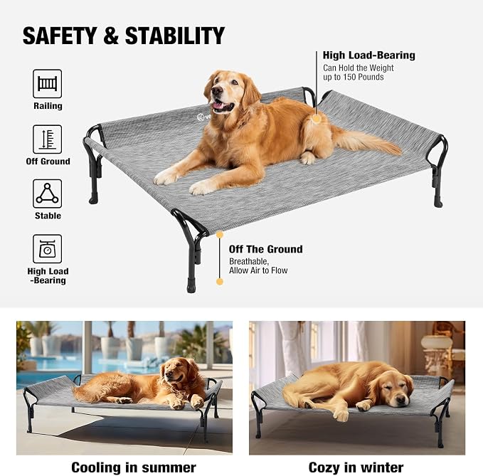 Veehoo Cooling Elevated Dog Bed, Raised Dog Cot with Guardrail & Headrest | Washable Dog Couch Bed for Indoor & Outdoor, Durable Breathable Teslin Mesh, Non-Slip Feet, Large 47" x 32", Black Silver