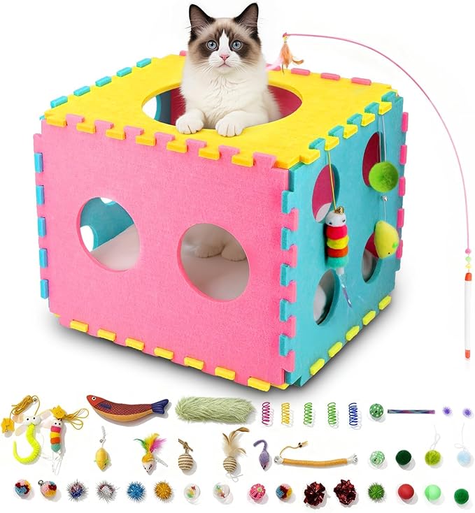 41 Pcs Interactive Cat Toys for Indoor Cats, Kitten Toys | with Soft Pillow, Catnip Toys, Chew Rope, Feather Wand, Springs, Balls, Cat Gifts