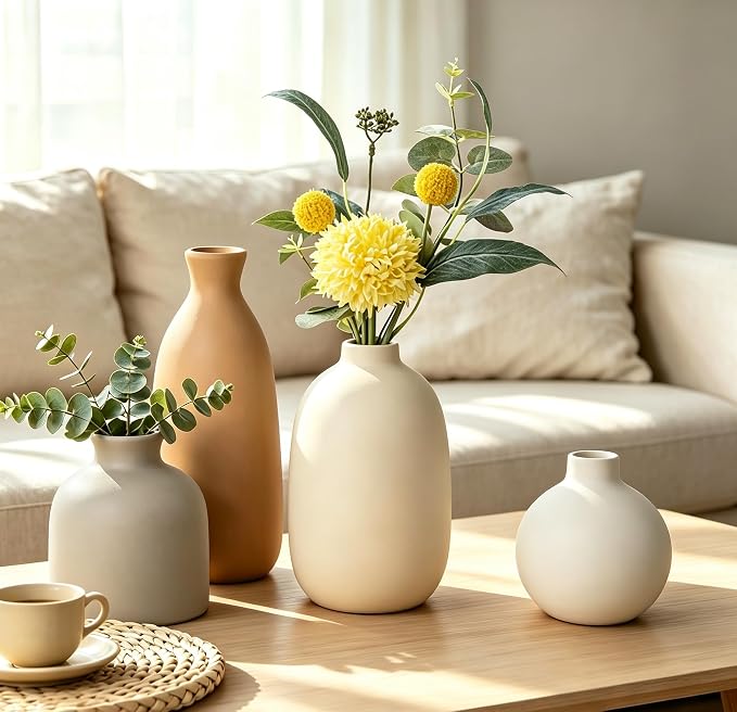 Modern Ceramic Vase Set of 5, Vases Home Decor Rustic Farmhouse Decorative | Vase Pottery Vases for Bouquet Pampas Grass Dried Fresh Flowers, Table Living Room Kitchen Bedroom