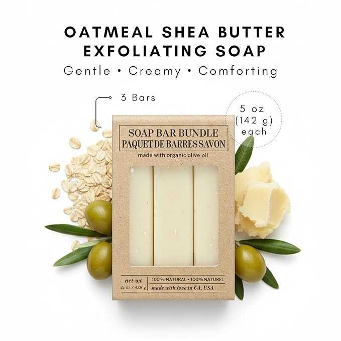Olivia Care Exfoliating Bar Soap Pack by – 100% Natural & Organic - Infused with Shea Butter & Oats - Deep Clean, Refreshing, Moisturizing & Hydrating - Triple-Milled - X 5 OZ Oatmeal Shea Butter 3 Count (Pack of 3)