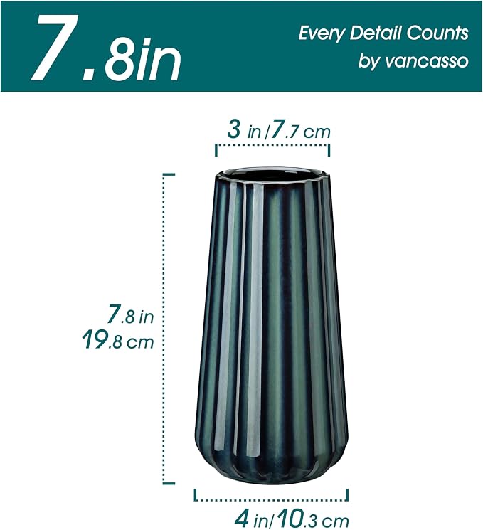 vancasso Ceramic Vase, 7.8 Inch Modern Ribbed Glossy Decorative Vase, Flower vase for Home Decor, Living Room, Bedroom, Office Decor, Green