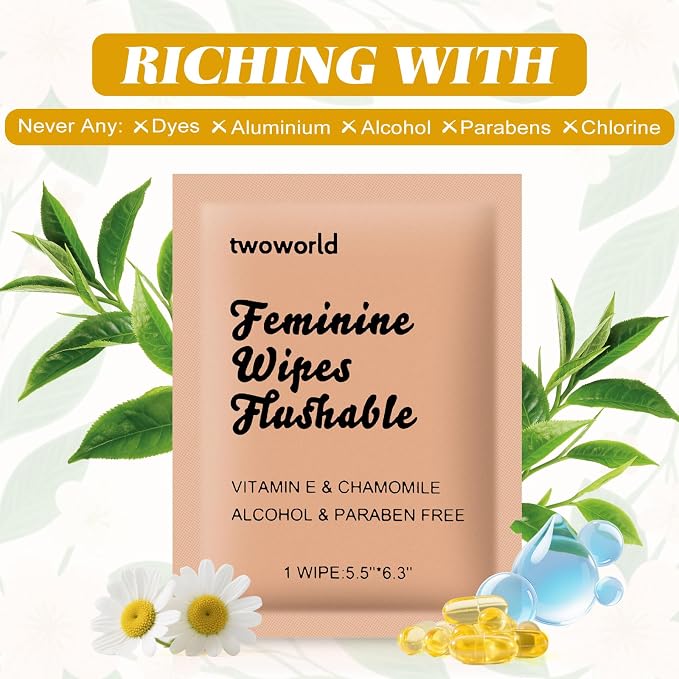 twoworld 400 Feminine Wipes Individually Wrapped,Flushable Wipes Travel | Feminine Care Vaginal Wipes for Adult,Women,Girl and Homeless(Chamomile)