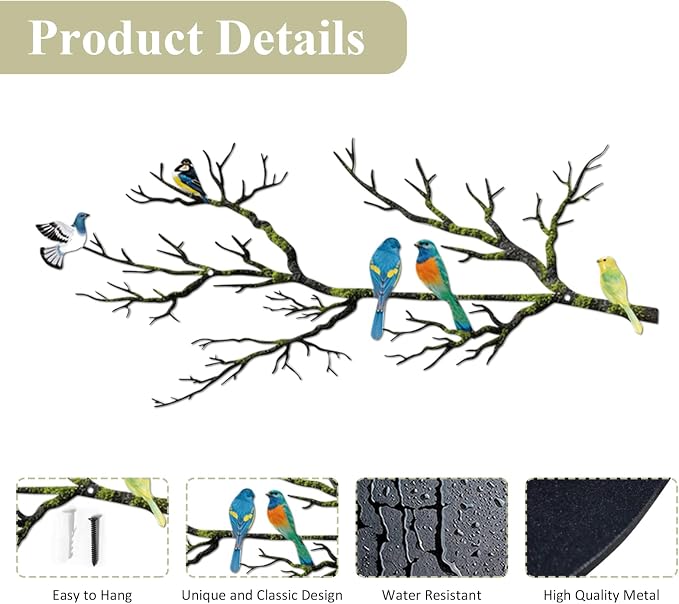 ESTART Metal Birds Wall Art, Metal Vivid Birds on Branch Silhouette Wall Decor Black Leaves with Bird Outdoor Hanging Wall Sculpture for Home Balcony Garden (Bright Color, Small)