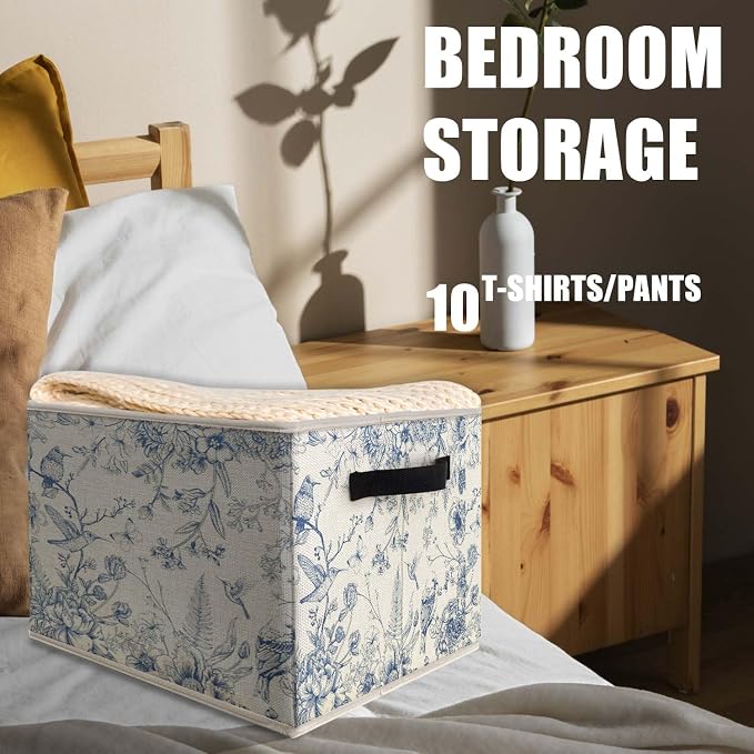 Blue and White Chinoiserie Storage Bins Basket, Vintage Bird Floral Botanical Grandmillennial Collapsible Fabric Storage Box Organizer Toybox for Bedroom Bathroom Clothes Books Toys