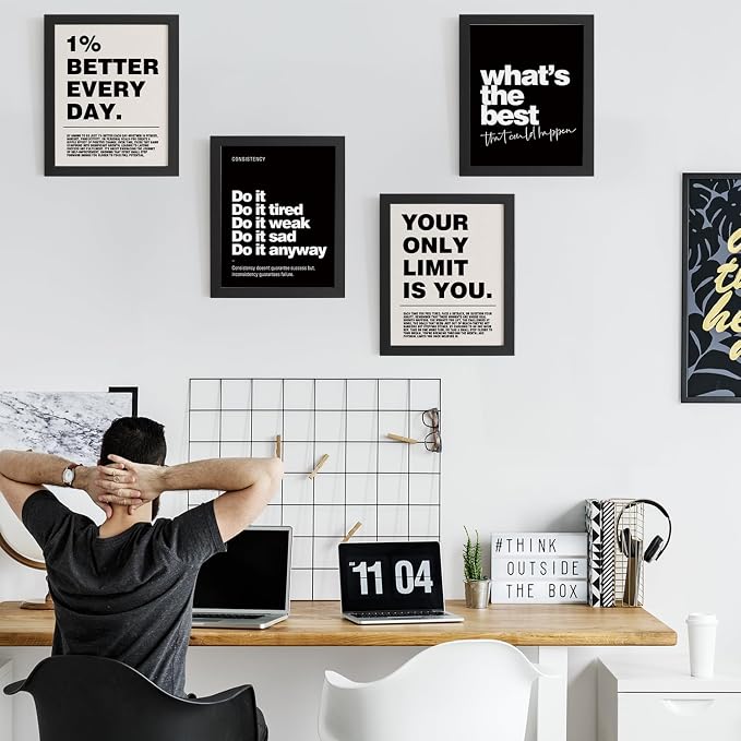 DSHFG Motivational Inspirational Office Wall Art Decor Prints Set of 4 | Black Office Motivational Wall Decor Trendy Retro Positive Affirmations Quotes Wall Decor Posters, 8x10 Unframed