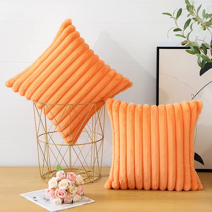 Soleebee Set of 2 Throw Pillow Covers Soft Cozy Velvet Pillowcase Faux Rabbit Fur Cover for Couch Sofa Bed Chair Home Decorative Pillows Cover (16x16 Inch, Orange)