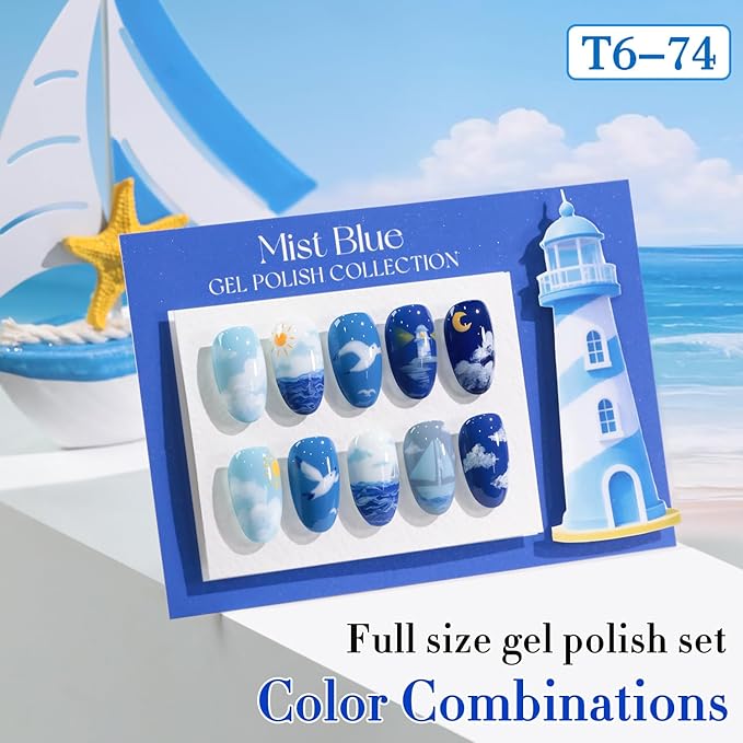 Double Rhythm 6 Pcs 15 ML Gel Polish Set Same Color Same Bottle Soak Off Gel Polish Kit Nail Art Manicure Salon DIY at Home for Women (Pale Dark Midnight Blue Navy Gray -T6-74)