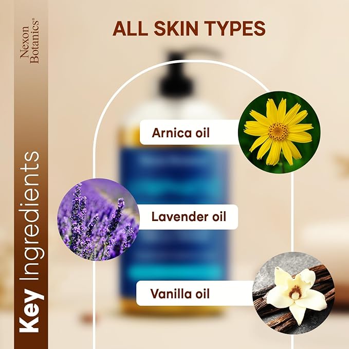 Lymphatic Drainage Massage Oil for Massage Therapy 8 fl oz - Refreshing and Relaxing - Natural Oils with Arnica, Vanilla and Lavender Oil - for Men and Women - Nexon Botanics