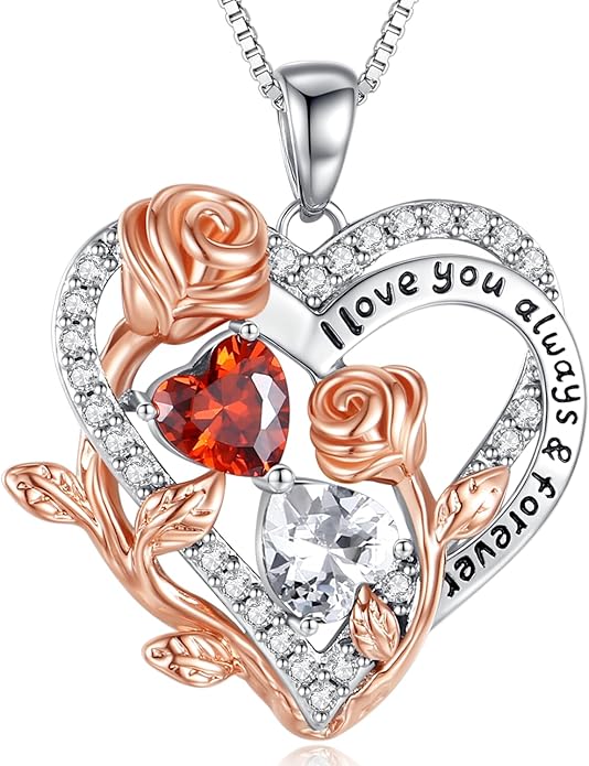 I Love You Birthstone Necklace, 925 Sterling Silver Heart Pendant with CZ Diamond Stones, Birthday Gifts for Women, Romantic Gift for Wife, Girlfriend, Her, Anniversary, Valentine's Day, Christmas