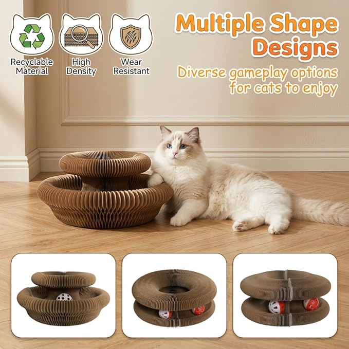 Kitlty Kurliz Cat Toy,Magic Organ Cat Scratcher Board,Foldable Recyclable Cat Accordion Toy,Interactive Scratch Pad with Toy Ball,Interactive Cat Toys for Indoor Cats Exercise & Anxiety Relief (1 PCS)