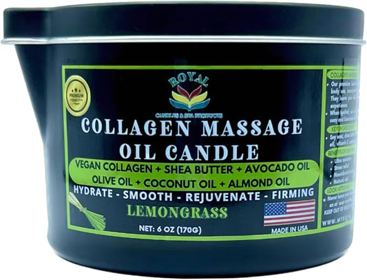 ROYAL Collagen Massage Oil candle, Body Massage Oil Candle, Candle Massage Oil, Collagen Massage Oil Candle, Aromatherapy candle, couple massage oil candle, 6 oz. with pouring spout - Lemongrass Scent