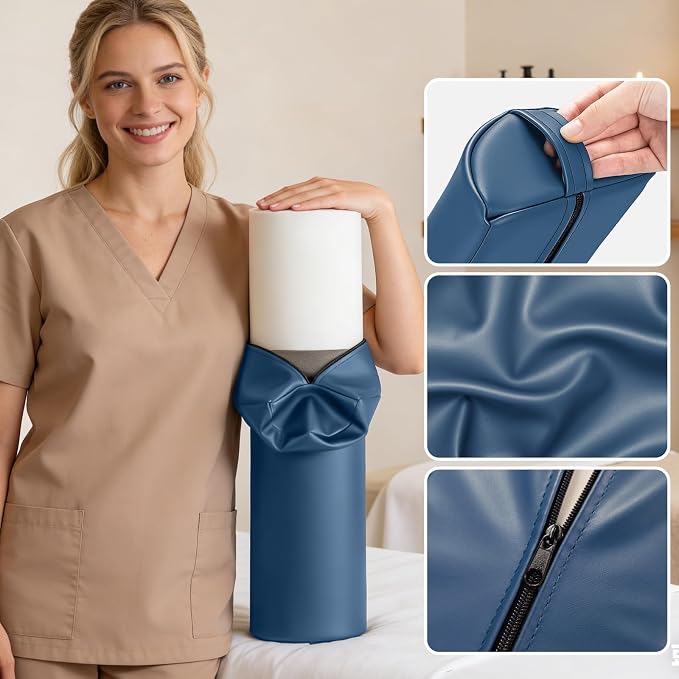 Semi-Round Massage Bolster, 21 x 6 x 3 in PU Leather Half Moon Lower Back Support Pillow Comfort Cushion for Massage Table, Positioning Bolster Neck Pad for Ankle Leg Pain Relief Side Sleeper - Blue