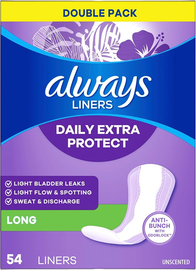 Always Panty Liners for Women Anti-Bunch Xtra Protection Daily Liners, Long, Unscented 108 Count (Pack of 4)