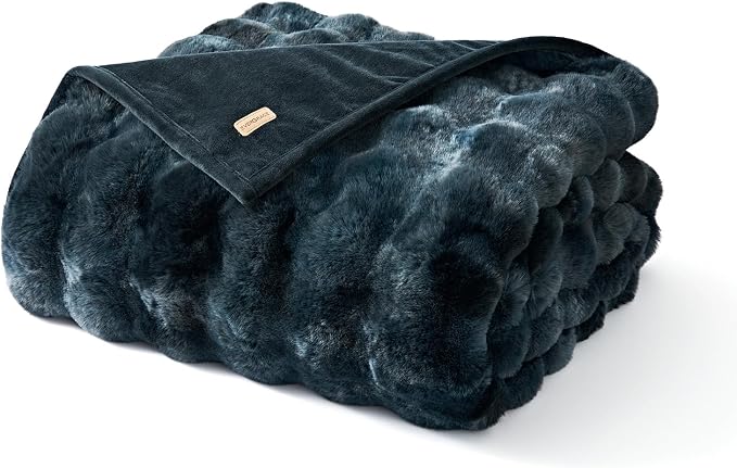 Faux Rabbit Fur Bubble Throw Blanket, 60"x80", Marble Deep Indigo | Ultra Soft, Luxury Faux Rabbit Fur Throw, Thick Warm Bubble Blanket, Cozy Fluffy Reversible, for Bed, Couch, Chair, Sofa