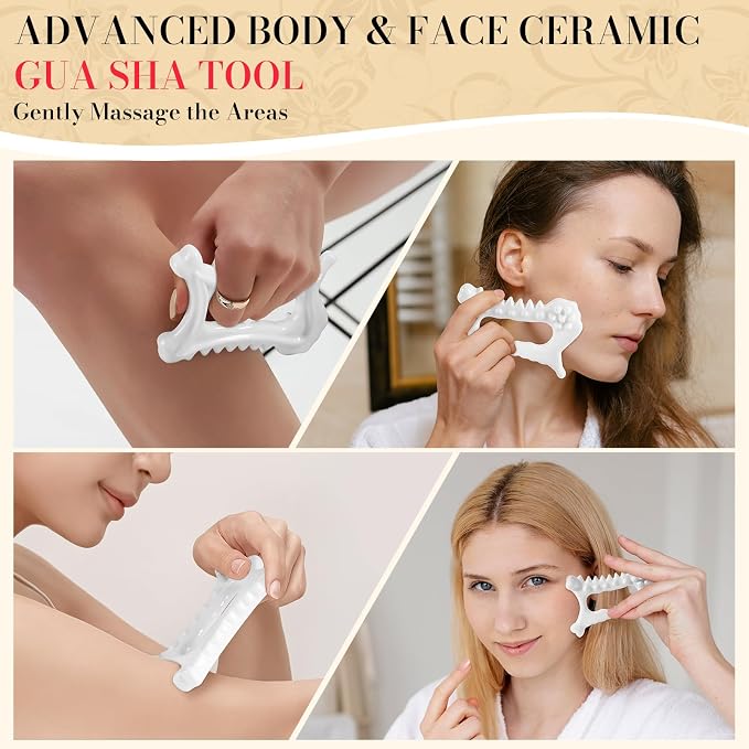 9 in 1 Ceramic Body Gua Sha Facial Tool, Face & Body Guasha Massage Tool, Premium Korean 괄사 Lymphatic Drainage, Face Sculpting Tool, Face Lift, Muscle Relief, Gifts for Mother Women Men