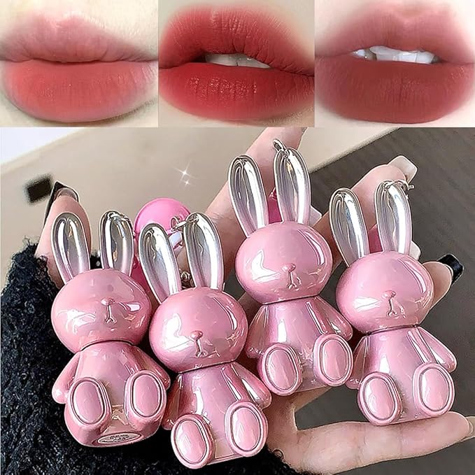3 Colors Matte Liquid Lipstick, Cute Rabbit Key Chain Lip Gloss, Lightweight Matte Finish Lip Stain Full Coverage Korean Makeup for Girls（#1,#5,#6）