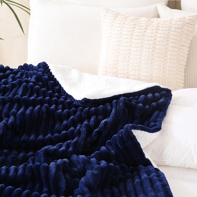 Navy Blue Sherpa Fleece Throw Blanket 50”×60” for Couch Sofa Bed | Double Side Soft Fuzzy Cozy Plush Thick Flannel Blanket with Striped Design Gift for Adults,Woman
