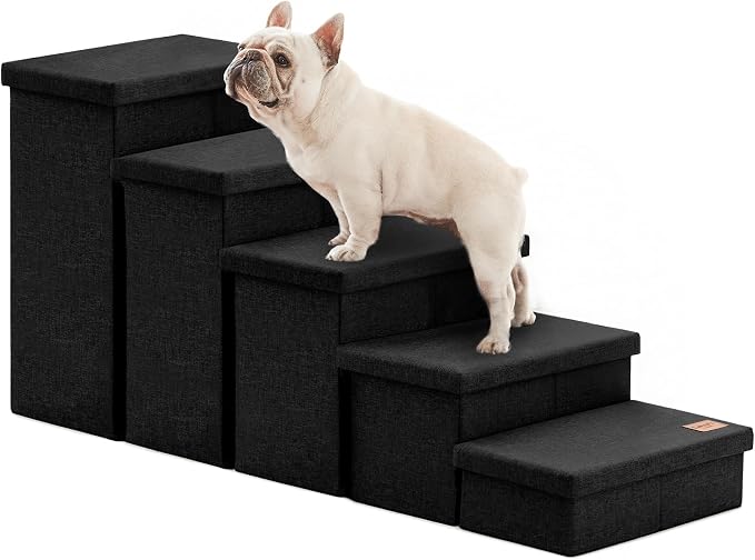 Love's cabin Dog Stairs for High Bed, Foldable Pet Stairs for Small Medium or Large Dogs Puppy with Storage for Bed or Couch, Cat Dog Steps Ramp with Zip up to 200 lbs, Black, 5 Steps