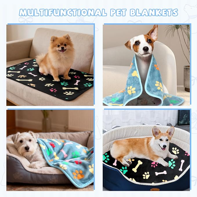 YUEPET 2 Pack Waterproof Dog Blankets, Washable Puppy Blankets 23 x 16 in | Black/Blue Paw Set, Reversible Fleece Throw, Heat-Reflective Mylar Layer, Bed/Sofa/Car Protection, Small Dogs and Cats