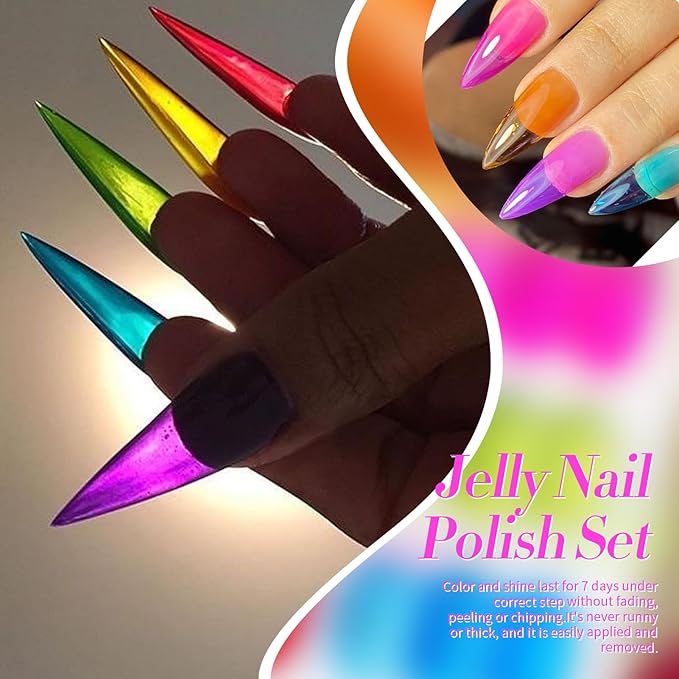 Born Pretty Neon Jelly Nail Polish Set, 6 Colors Spring Summer Ice Jelly Neon Nail Polish Quick Dry Fingernail Polish Kit Crystal Transparent Hot Pink Yellow Green Blue Nail Lacquer Glossy Polish Set