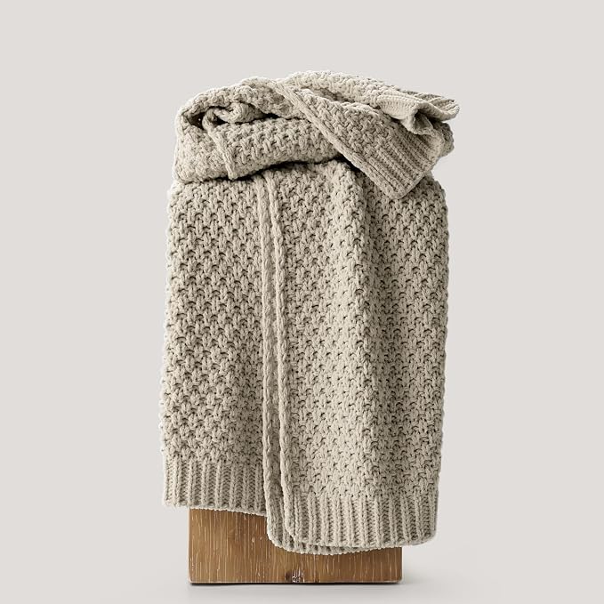 EVERGRACEHOME Chunky Chenille Knit Throw Blanket, 50 x 60, Warm Gray | Sculpted Moss Stitch, Chic Modern Farmhouse, All-Season Warmth, OEKO-TEX® Certified, Elegant Blanket for Couch, Bed, Sofa