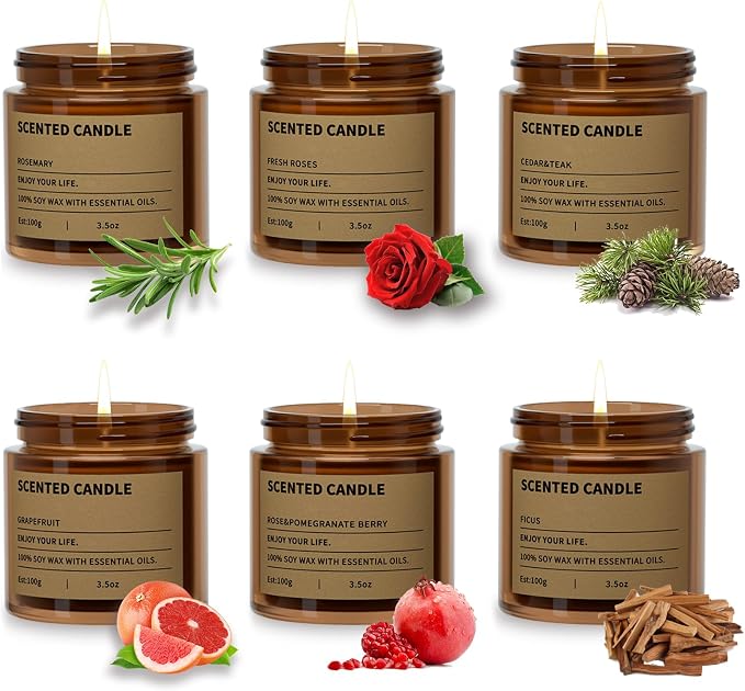 6 Pack Scented Candles Gifts for Women,3.5 Oz Amber Candles Set, 150 Hours Long Burning Soy Wax Candles Jar Aromatherapy Candles for Stress Relief, Birthdays, Weddings, Christmas Gifts, Yoga, Bath