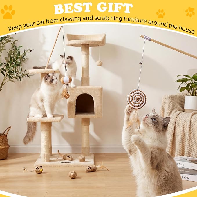 Leitee 16 Pcs Interactive Cat Toys for for Indoor Cats Set, Wooden Cat Wand Toywith Bells Feather Handle Chew Rope Mouse Sisal Balls Kitty Toys for Play Chase Exercise (Brown)