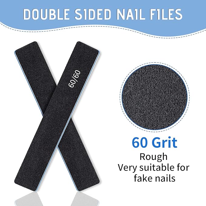 12 Pcs Professional Nail Files, 60/60 Grit Nail Files for Acrylic Nails Gel Nails, Double Sided Emery Board for Nails, Reusable & Washable Coarse Nail File for Home and Salon Use