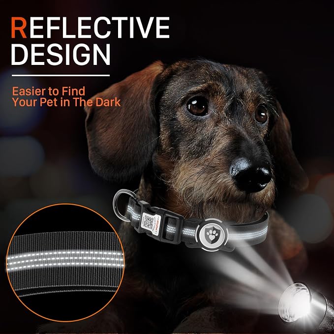 Waterproof AirTag Dog Collar with QR Code Dog Tag, Black M | IP68 waterproof, QR code dog tag, Anti-Lost, Online profile, fits XS-L (8"-26"), Padded nylon, Reflective, No App, No Fees