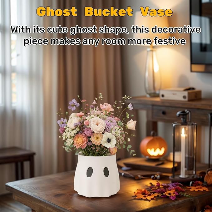 Ghost Bucket Planter, Cute Ghost Design, Plastic, Indoor & Outdoor Decor, Versatile for Plants or Halloween Treats, Durable and Weather-Resistant, Spooky Home or Garden Decoration (7.87‘ X 2)