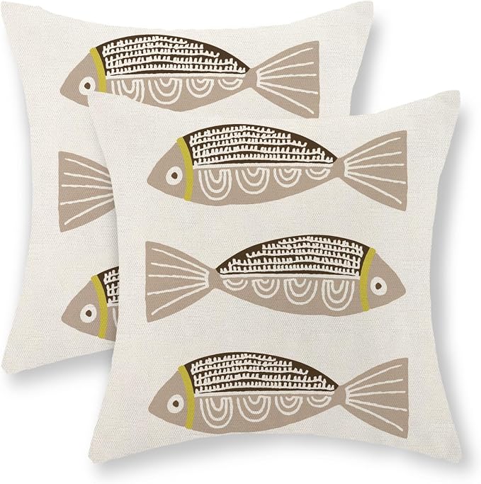 Coastal Pillow Covers 18x18 Inch Set of 2 Ocean Beach Brown Fish Throw Pillows Summer Nautical Outdoor Decorative Pillow Cases Linen Farmhouse Cushion Cover for Couch Home Sofa Bedroom Decor