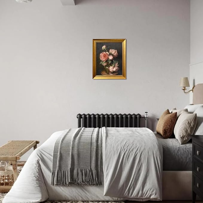 Vintage Framed Dark Floral Picture Wall Decor Pink Peonies Flower Wall Art Farmhouse Moody Canvas Print Artworks for Living Room Bedroom Bathroom Decor