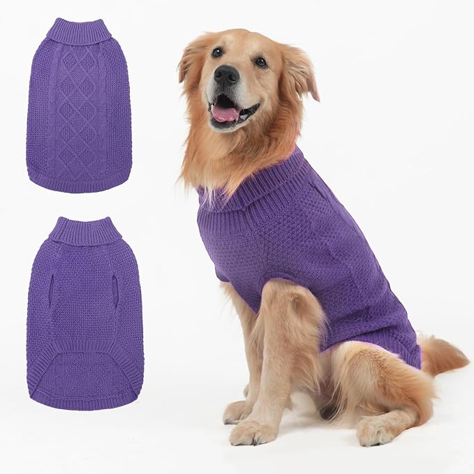 Mihachi Turtleneck Dog Sweater - Winter Coat Apparel Classic Cable Knit Clothes with Leash Hole for Cold Weather, Ideal Gift for Pet in New Year Light Purple M