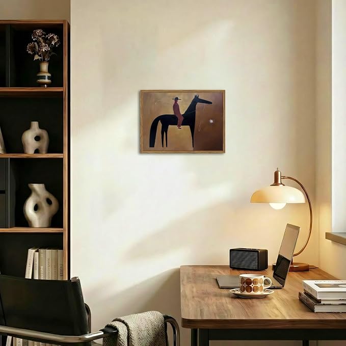 Vintage Western Cowboy Wall Art Abstract Southwestern Horse Wall Decor Painting, Mid Century Cowboy Poster Canvas Print Picture for Living Room Bedroom 16x24 inch Wood Framed