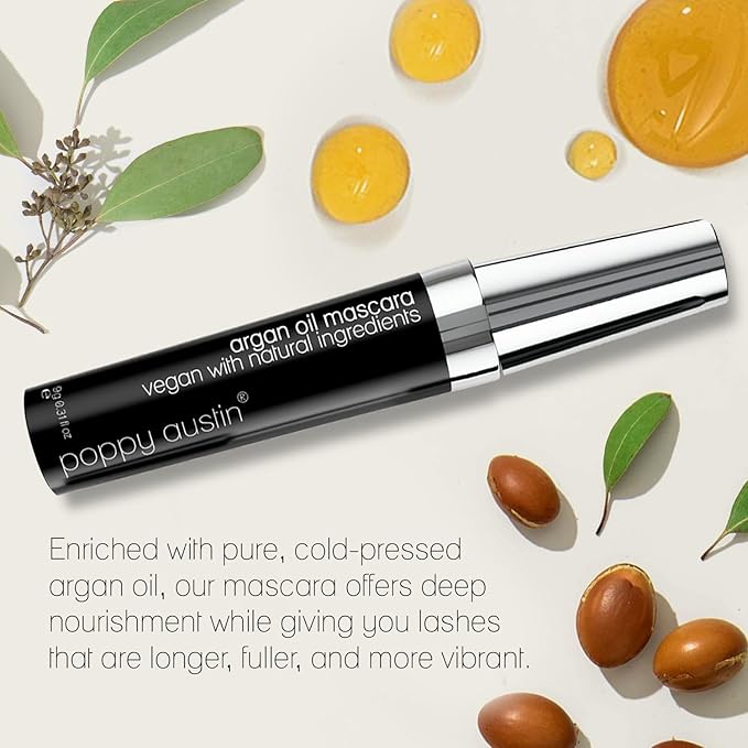 Poppy Austin Organic Mascara, Natural, Vegan, Paraben-Free, Cruelty-Free - Hypoallergenic Mascara Lengthening & Volumizing with Argan Oil - 0.31 Fl Oz (Black)