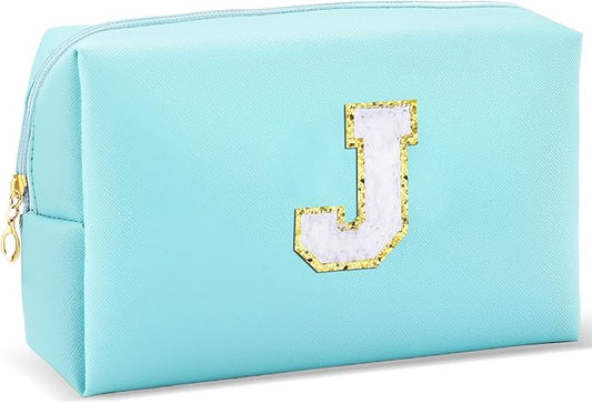 URSKYTOUS Gifts for Girls Initial Makeup Bag Personalized Cosmetic Bag with Zipper Cute Travel Toiletry Bag Waterproof PU Preppy Makeup Pouch Birthday Gift for Teen Girls Women(Blue J)
