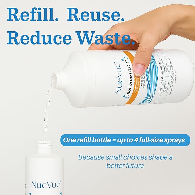 BioForce HOCl Pure Hypochlorous Acid Spray Refill for Face & Body (33 Oz) - Acne-Prone Skin & Eczema, Piercing aftercare, Made in Canada, Gentle Skin Cleanser & Toner, pH Balanced, Non-comedogenic