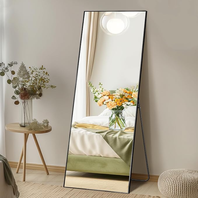 DUMOS 15"x56" Full Length Floor Mirror, Full Body Mirror | Free Standing or Wall Mount, Nano Glass Aluminum Frame, Hanging or Leaning, Modern Simple Home Decor, Black